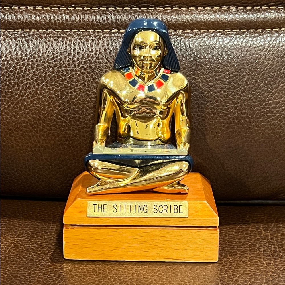 Egyptian Unique Statue Gold and Blue Sitting Scribe Figurine with Wood Base NWOT